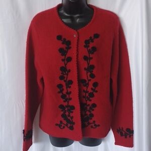 Susan Bristol Icelandic wool button cardigan, red & black embroidered, L